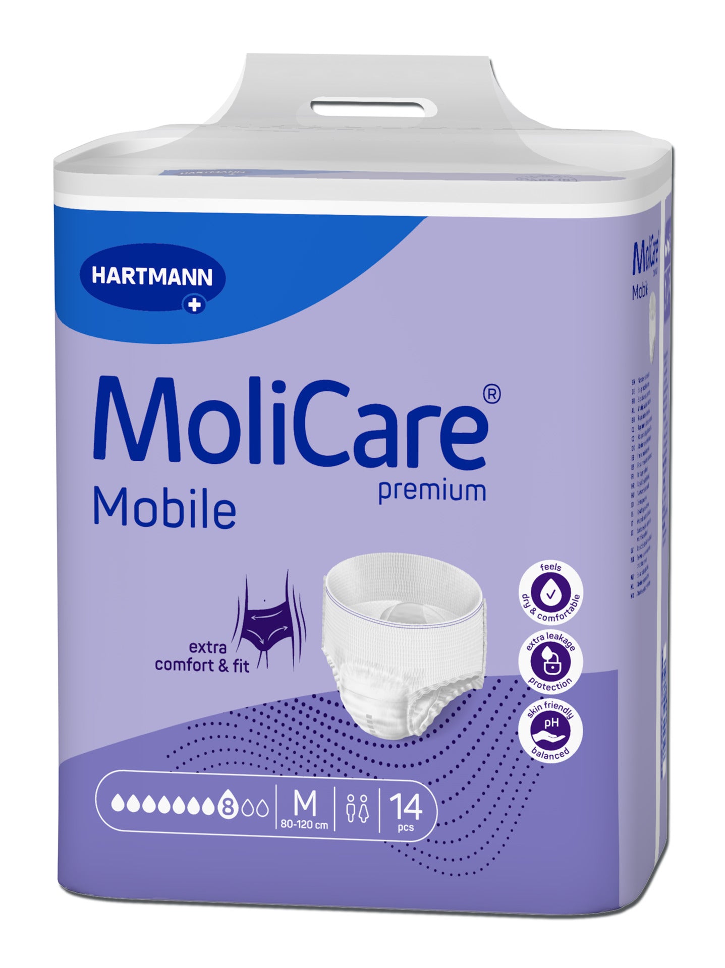 MoliCare Premium Mobile Saugpads in der Packung, die auf einem neutralen Hintergrund präsentiert wird. Die Vorderseite der Packung zeigt das Produktdesign in blau und weiß mit dem Markennamen "MoliCare" und der Bezeichnung "Premium Mobile". Auf der Verpackung sind auch Informationen über die Saugstärke "8 Tropfen" und die Eignung für aktive Nutzer abgebildet. Die Packung wirkt ansprechend und informativ, ideal für Kunden, die nach hochwertigen Inkontinenzprodukten suchen.