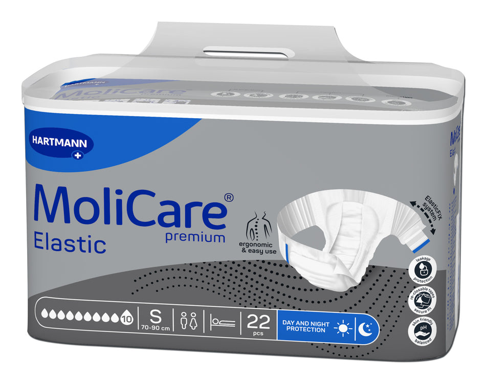 Produktbild eines MoliCare Premium Elastic 10 Tropfen Windelsystems in der Größe Small. Die Verpackung zeigt ein ansprechendes Design mit einem klaren, blauen Hintergrund und einer großen Darstellung des Produkts in der Mitte. Der Titel "MoliCare Premium Elastic" ist hervorstechend in einer modernen Schriftart platziert, umgeben von positiven Schlagworten wie "Sicherheit" und "Komfort".