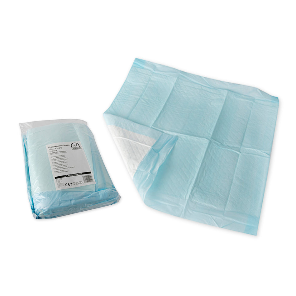 medi-inn Classic Krankenunterlage 60 x 60 cm – Verpackung und aufgeklappte Einweg-Unterlage mit blauer PE-Rückseite (25er Pack)