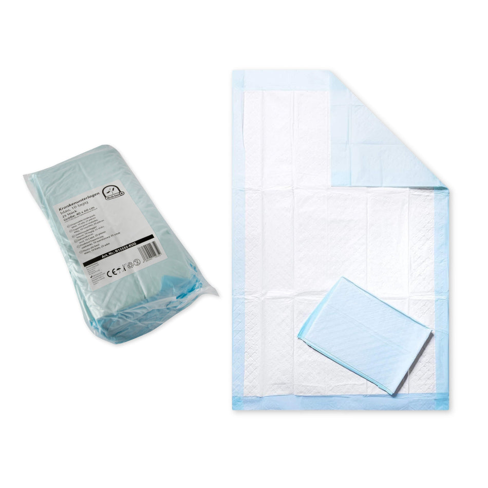 medi-inn Classic Krankenunterlage 40 x 60 cm – Verpackung und aufgeklappte Einweg-Unterlage mit blauer PE-Rückseite (25er Pack)