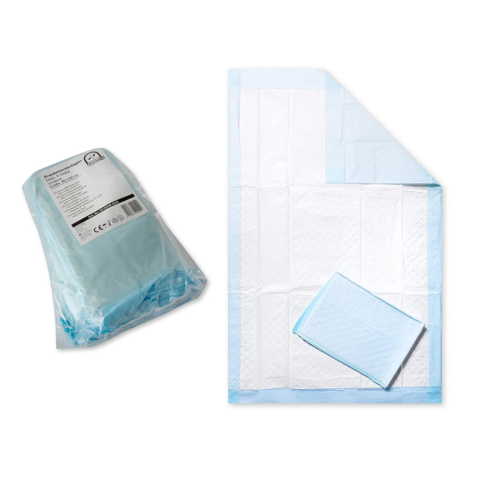 medi-inn Classic Krankenunterlage 40 x 60 cm – Verpackung und aufgeklappte Einweg-Unterlage mit blauer PE-Rückseite (25er Pack)
