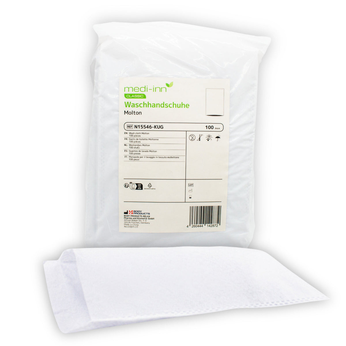 Medi-Inn Classic Waschhandschuhe Molton N15546-KUG, 100 Stück Einmal-Waschhandschuhe in weiß