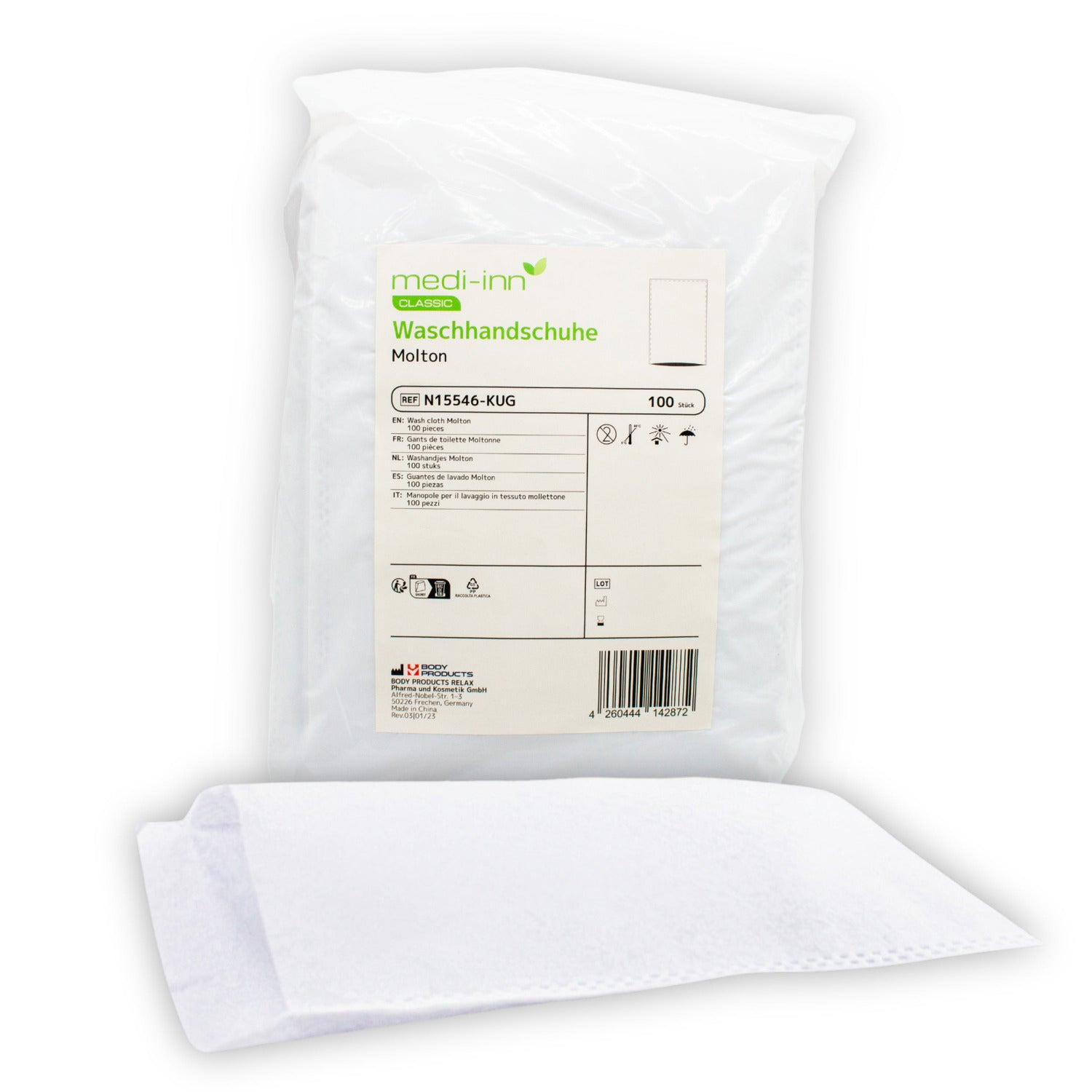 Medi-Inn Classic Waschhandschuhe Molton N15546-KUG, 100 Stück Einmal-Waschhandschuhe in weiß