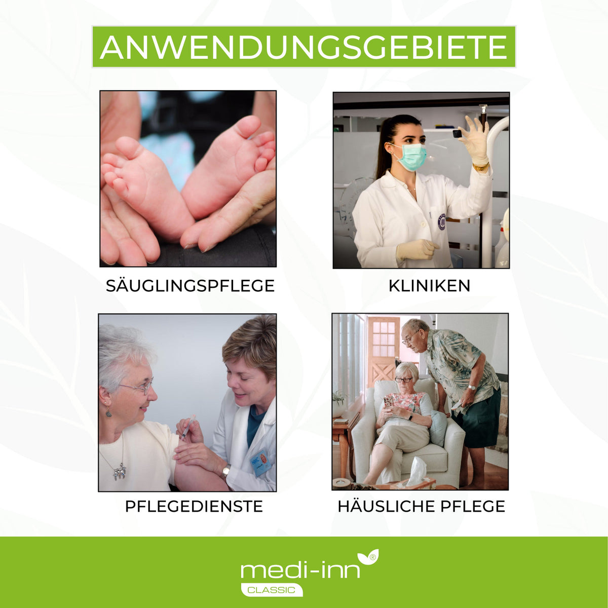 Anwendungsgebiete der Medi-Inn Waschhandschuhe Molton für Säuglingspflege, Kliniken, Pflegedienste und häusliche Pflege