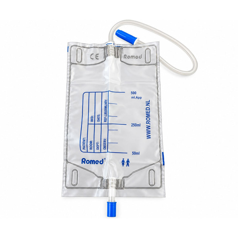 Romed Urinbeinbeutel 500 ml steril, mit Rücklaufventil, Ablassstutzen mit Verschlusskappe