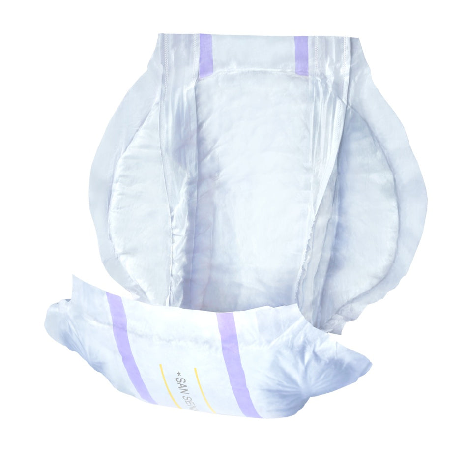 Alt-Text: Das Bild zeigt eine Packung mit San Seni Maxi Inkontinenzslips, die auf einem hellen Hintergrund platziert ist. Die Verpackung ist größtenteils in einem sanften Blau gehalten und trägt farblich abgestimmte Grafiken. Auf der Vorderseite ist der Produktname „San Seni Maxi“ deutlich sichtbar, begleitet von Symbolen, die ihre Funktion als atmungsaktive und saugfähige Inkontinenzhilfe darstellen.