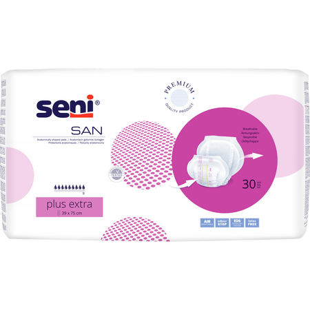 Seni San Plus Extra Inkontinenzvorlagen – Packung mit 30 Stück, Größe 39 × 75 cm.
