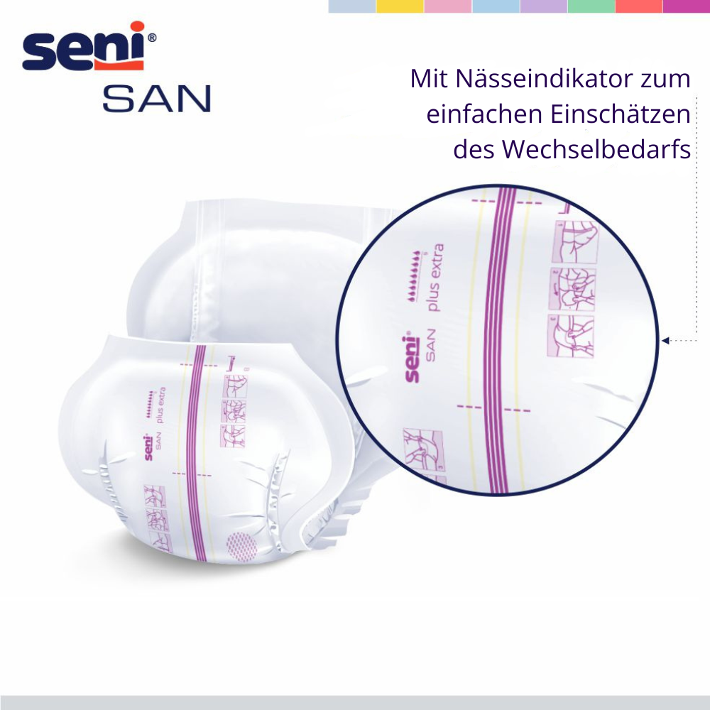 Seni San Plus Extra mit Nässeindikator – Detailansicht zur einfachen Einschätzung des Wechselbedarfs.