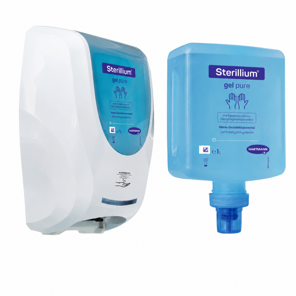 Touchless-Spender mit Sterillium Gel Pure Überkopfflasche und separate 1-Liter-Nachfüllflasche auf weißem Hintergrund.