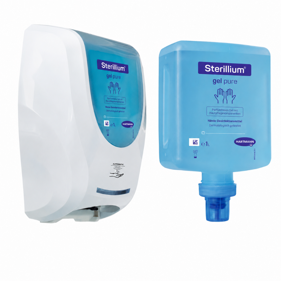 Touchless-Spender mit Sterillium Gel Pure Überkopfflasche und separate 1-Liter-Nachfüllflasche auf weißem Hintergrund.