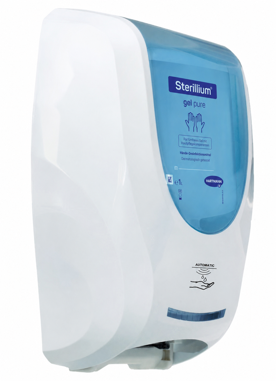 Automatischer Sterillium Gel Pure Spender mit eingesetzter Überkopfflasche, freigestellt auf weißem Hintergrund.