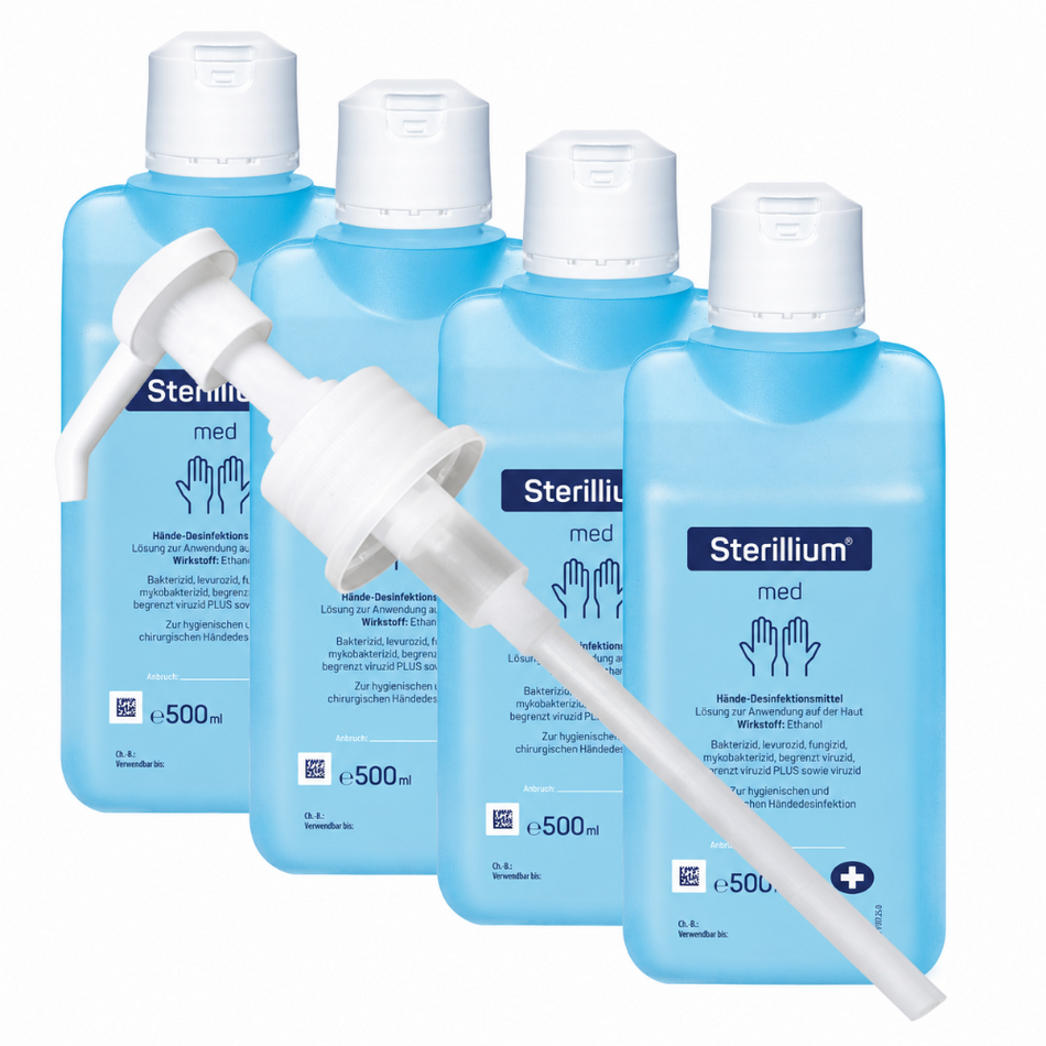 Sterillium med 500 ml, vier Flaschen mit Dosierpumpe auf weißem Hintergrund