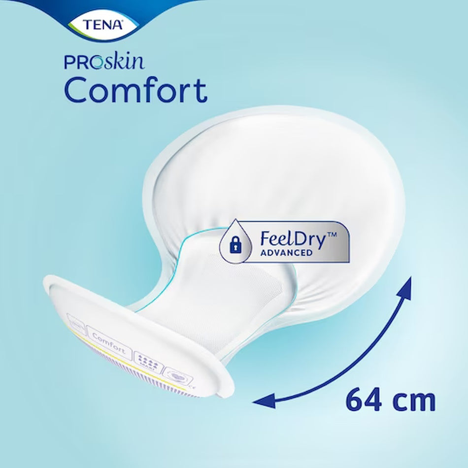 Tena Comfort Maxi Verpackung mit Saugkissen für leichte bis mittelschwere Inkontinenz. Die Vorderseite zeigt das Produkt in einer ansprechenden Präsentation. Die Verpackung hat ein modernes Design in Blau- und Weißtönen und enthält Informationen zu den Vorteilen des Produkts, wie hohe Saugfähigkeit und angenehmen Tragekomfort. Zudem sind Icons abgebildet, die auf zusätzliche Features wie den geruchsneutralisierenden Schutz hinweisen.