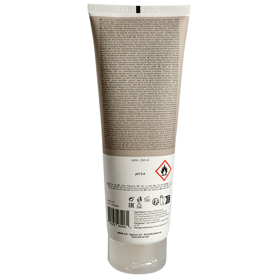 Abena Active Gel 250 ml ist in einer transparenten Plastikflasche mit einem praktischen Spenderkopf abgebildet. Die Flasche ist leicht schräg positioniert, sodass das Etikett gut sichtbar ist. Das Etikett zeigt die Marke "Abena" in klarer Schrift und gibt an, dass es sich um ein "Active Gel" handelt. Im Hintergrund ist ein unscharfer, heller Untergrund, der die Konzentration auf das Gel in der Flasche lenkt.