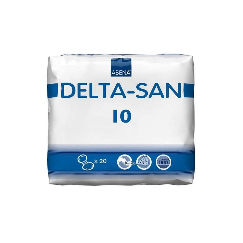 Das Bild zeigt eine Packung mit Abena Delta San 10, einer Art von Inkontinenzprodukt. Die Vorderseite der Packung ist in auffälligem Blau gestaltet, mit großen, weißen und orangefarbenen Schriftzügen, die den Produktnamen und die Größe hervorheben. Darunter befinden sich Symbole, die auf Eigenschaften wie Saugfähigkeit und Benutzerfreundlichkeit hinweisen. Im Hintergrund sind schemenhaft Umrisse von Pflegeprodukten zu erkennen, die den Bezug zur Hygiene- und Inkontinenzversorgung herstellen.