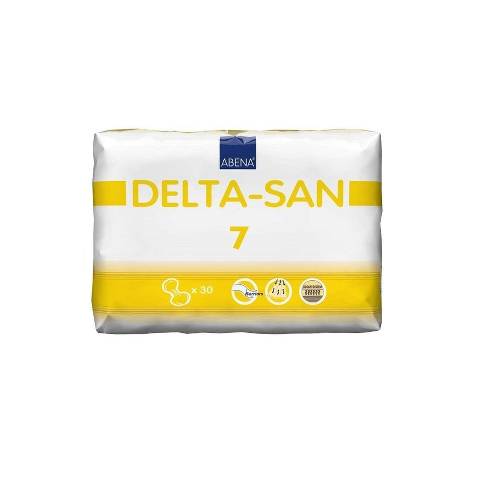 Auf dem Bild ist eine Packung der Abena Delta San 7 Inkontinenzprodukte zu sehen. Die Packung ist überwiegend in Weiß gehalten, mit grünen und blauen Akzenten. Auf der Vorderseite sind Informationen zum Produkt, darunter der Produktname und die Größe. Der obere Teil zeigt das Abena-Logo, und rechts ist ein grafisches Symbol für die Saugstärke abgebildet. Im Hintergrund ist ein dekorativer, hellgrauer Farbverlauf zu erkennen, der einen seriösen und modernen Eindruck vermittelt.