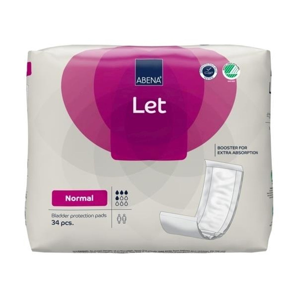 Abena Let Normal Inkontinenz-Pad, verpackt in einer blauen, ansprechenden Verpackung. Die Vorderseite zeigt das Abena-Logo sowie die Produktbezeichnung "Let Normal" in klarer Schrift. Links sind ein Piktogramm und Informationen zur Saugstärke abgebildet. Die Verpackung hat eine matte Oberfläche und wirkt modern und hygienisch. Im Hintergrund sind sanfte, helle Farben zu erkennen, die das Produkt ansprechend präsentieren.