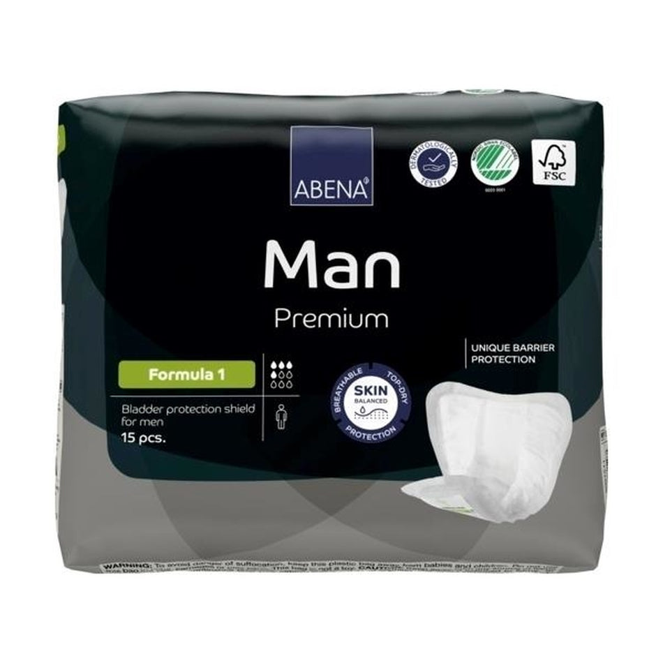 Das Bild zeigt eine Packung der Abena Man Formula 1 Inkontinenzeinlagen, die speziell für Männer entwickelt wurden. Die Verpackung ist überwiegend in Blau gehalten und zeigt das Produkt in einer transparenten Sichtfensteröffnung. Die Vorderseite der Packung hebt die wichtigsten Merkmale hervor, darunter die Saugfähigkeit und den diskreten Schutz. Im Hintergrund sind sanfte, weiße Farben und grafische Elemente zu sehen, die das moderne Design unterstreichen.