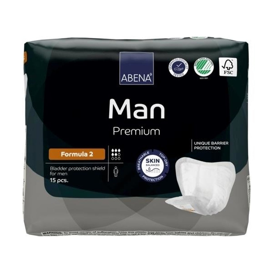 Abena Man Formula 2 Inkotinenzeinlage ist in der Abbildung zu sehen. Die Einlage hat eine rechteckige Form und ist in einem dezenten, hellblauen Farbton gehalten. Sie bietet eine hohe Saugfähigkeit und ist speziell für Männer konzipiert. Die Oberfläche ist weich und angenehm, während die Rückseite aus einem atmungsaktiven Material besteht, das für optimalen Komfort sorgt.