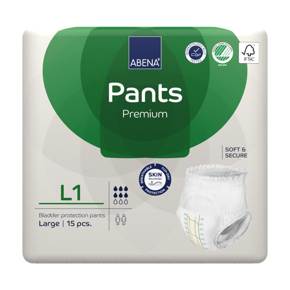 Ein Paket mit Abena Premium Pants in Größe L1. Die Verpackung zeigt eine helle, freundliche Farbgestaltung mit einem Bild eines glücklichen älteren Paares, das Lebensfreude ausstrahlt. Auf der Vorderseite sind klare Informationen zur Produktbeschreibung, einschließlich der Größe, abgebildet. Das Design vermittelt ein Gefühl von Komfort und Sicherheit. Die Hose dient als Inkontinenzprodukt und bietet eine diskrete, zuverlässige Lösung für Erwachsene.