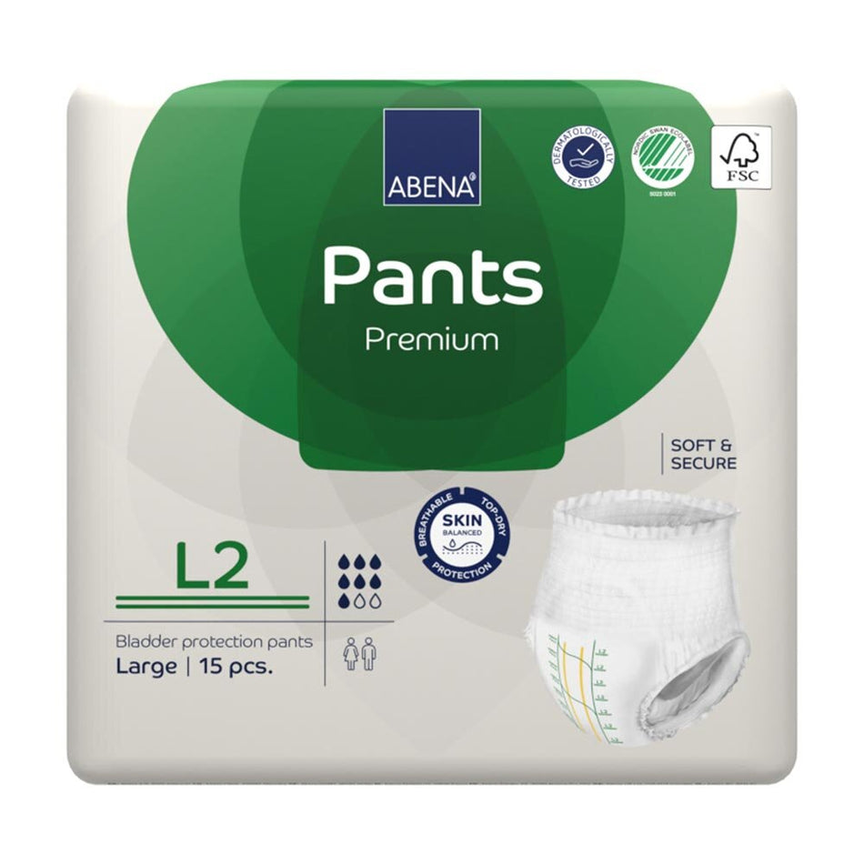 Weiße Abena Premium Pants in Größe L2 liegen vorne auf einem hellen Untergrund. Die Pants sind hochwertig gestaltet und zeigen eine elastische Taille sowie einen flexiblen, atmungsaktiven Stoff. Auf der Packung sind das Abena-Logo und Informationen zu den Eigenschaften der Pants abgebildet, darunter der Hinweis auf die hohe Saugfähigkeit und den Komfort bei Inkontinenz. Die Verpackung wirkt sauber und professionell, was auf die Qualität des Produkts hinweist.