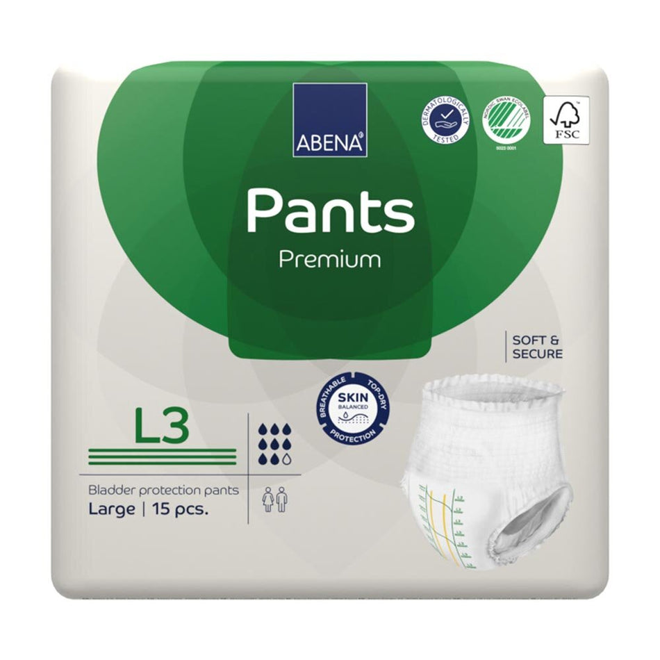 Ein Paket mit Abena Pants Premium Gr. L3, bestehend aus Einweg-Inkontinenzunterwäsche, liegt auf einem neutralen, hellen Hintergrund. Die Vorderansicht des Pakets zeigt eine abgebildete Ware und die Marke "Abena" prominent. Auf der Packung sind Informationen zur Größe (Large) und zum Produkttyp (Premium-Pants) gut lesbar platziert. Die Verpackung ist in frischen Farben gehalten, mit einer modernen, ansprechenden Gestaltung. Die Produkte scheinen gut verpackt und bereit für den Verkauf zu sein.