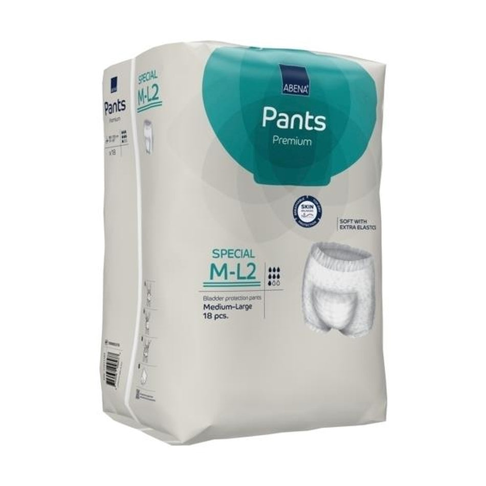 Abena Pants Premium in der Größe M-L, abgebildet auf einem weißen Hintergrund. Die Hose ist aus einem hochwertigen, atmungsaktiven Material gefertigt und zeigt einen elastischen Bund, der für optimalen Sitz und Komfort sorgt. Die Oberfläche ist glatt und weist eine sanfte Struktur auf. In der Mitte ist das Abena-Logo dezent platziert. Die Pants sind für einen sicheren, diskreten Gebrauch konzipiert und eignen sich ideal für die Inkontinenzversorgung.
