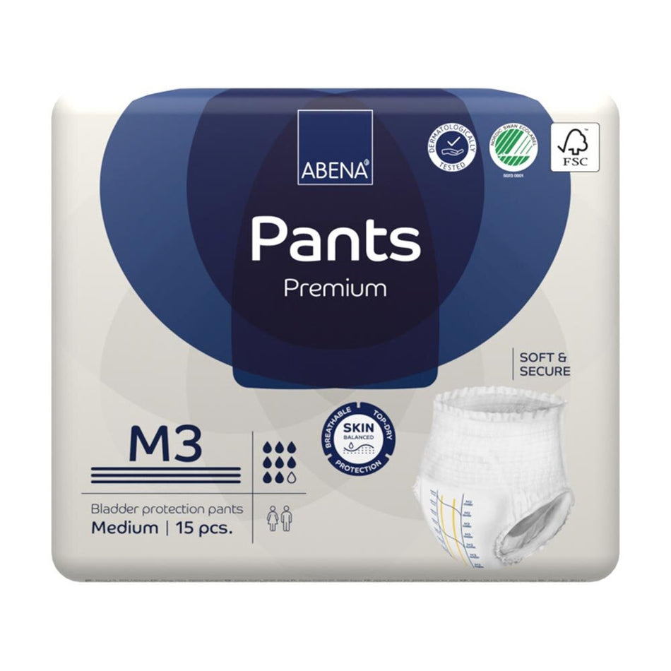 Produktbild eines Abena Pants Premium M3 in der Farbe Weiß. Die Verpackung zeigt eine praktische, wiederverschließbare Folie mit einem klaren Aufdruck von Abena. Auf der Vorderseite der Verpackung sind Informationen zu den Produktmerkmalen wie Saugfähigkeit, Größe und empfohlene Verwendung abgebildet. Der Artikel ist für Erwachsene gedacht und bietet hohe Sicherheit und Komfort. Die Verpackung ist auf einem neutralen Hintergrund präsentiert, um die Sichtbarkeit der Marke und der Produktdetails zu erhöhen.