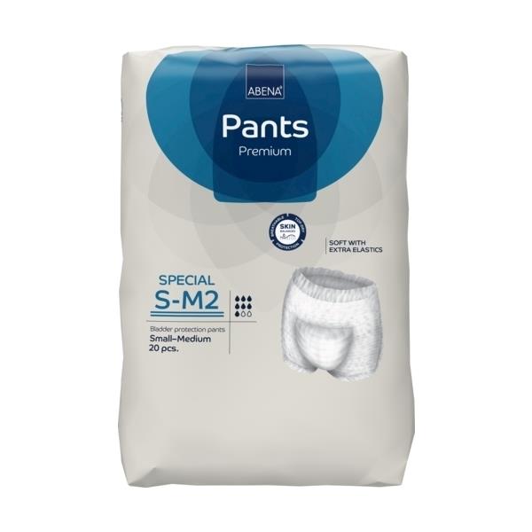Alt-Text: Abbildung eines Packs mit Abena Premium Pants in der Größe S-M. Die Verpackung ist hellblau und zeigt das Produktlogo sowie Informationen zu den Eigenschaften der Pants, wie hohe Saugfähigkeit und Komfort. Im Hintergrund sind stilisierte, freundliche Grafikelemente in sanften Farben. Die Pants sind für Erwachsene gedacht und bieten einen diskreten Sitz. Ideal für Personen mit Inkontinenzbedürfnis. Die Verpackung ist deutlich sichtbar, mit Fokus auf Funktionalität und Qualität des Produkts.