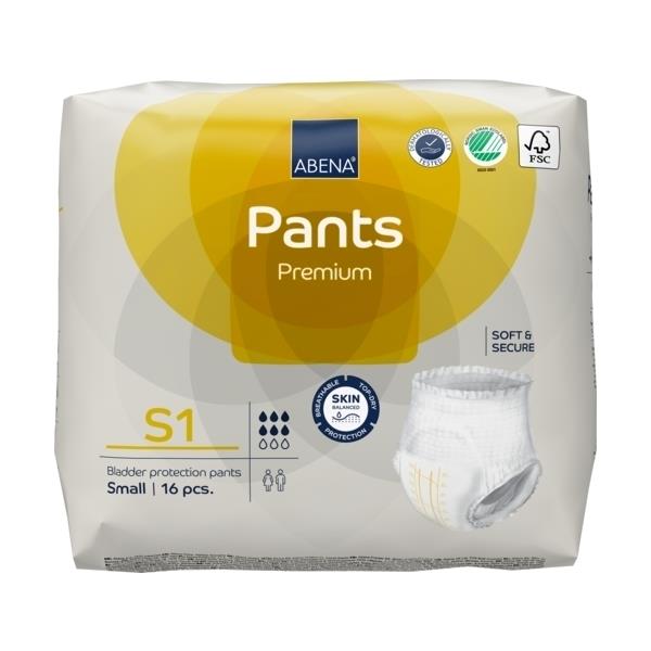 Helle, atmungsaktive Abena Premium Pants in Größe S1 sind in einem modernen, sanften Design abgebildet. Der elastische Bund sorgt für eine bequeme Passform, während die sanften Materialien Hautreizungen vermeiden. Die Pants sind für Erwachsene konzipiert und bieten hohen Komfort und Diskretion. Sie sind ideal für empfindliche Haut und unterstützen die Mobilität der Träger. Auf dem Bild sind Details wie das weiche Innenfutter und der strapazierfähige äußere Schutz zu erkennen.