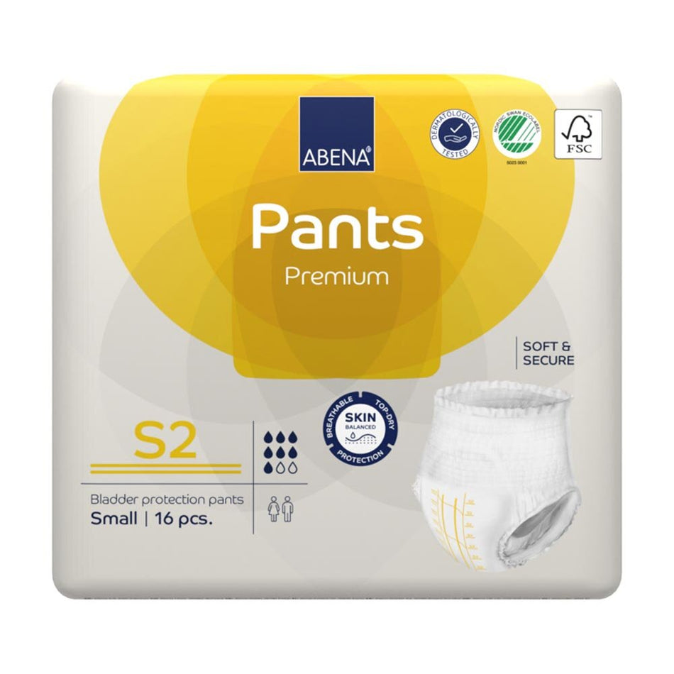 Das Bild zeigt eine Packung mit Abena Premium Pants in der Größe S2. Auf der Vorderseite der Verpackung ist das Produkt klar abgebildet, mit einer Abbildung der in der Packung enthaltenen Pants. Die Pants sind für Erwachsenenpflege konzipiert und bieten eine hohe Saugfähigkeit sowie einen angenehmen Tragekomfort. Die Verpackung zeigt außerdem verschiedene Symbole zur Verwendung und Pflege auf einem hellen Hintergrund. Das Design ist modern und ansprechend, um die Funktionalität der Unterwäsche zu betonen.