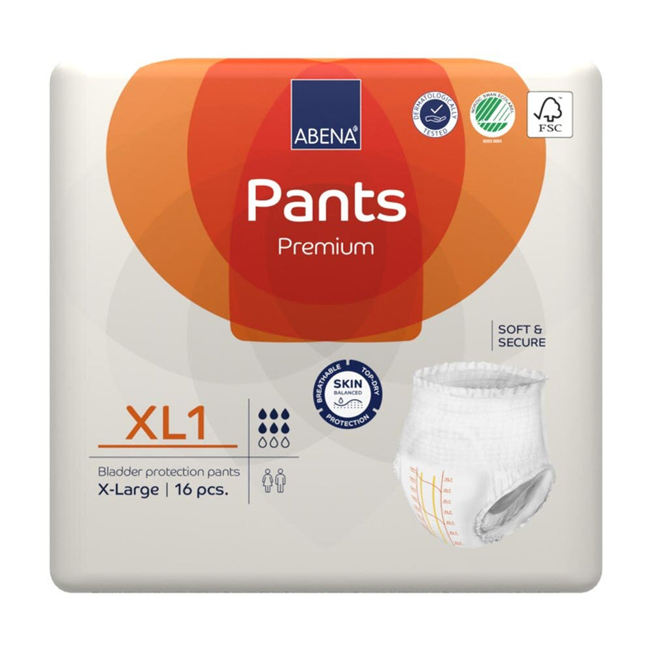 Detaillierte Produktdarstellung einer Packung Abena Premium Pants in Größe XL. Die Verpackung zeigt ein hygienisches, ansprechendes Design mit einem klaren, modernen Logo und Informationen zur Saugstärke. Auf der Vorderseite sind stilisierte Grafiken zu sehen, die die Anwendung und den Tragekomfort verdeutlichen. Die Packung ist überwiegend in sanften Farbtönen gehalten, um ein Gefühl von Sicherheit und Qualität zu vermitteln.