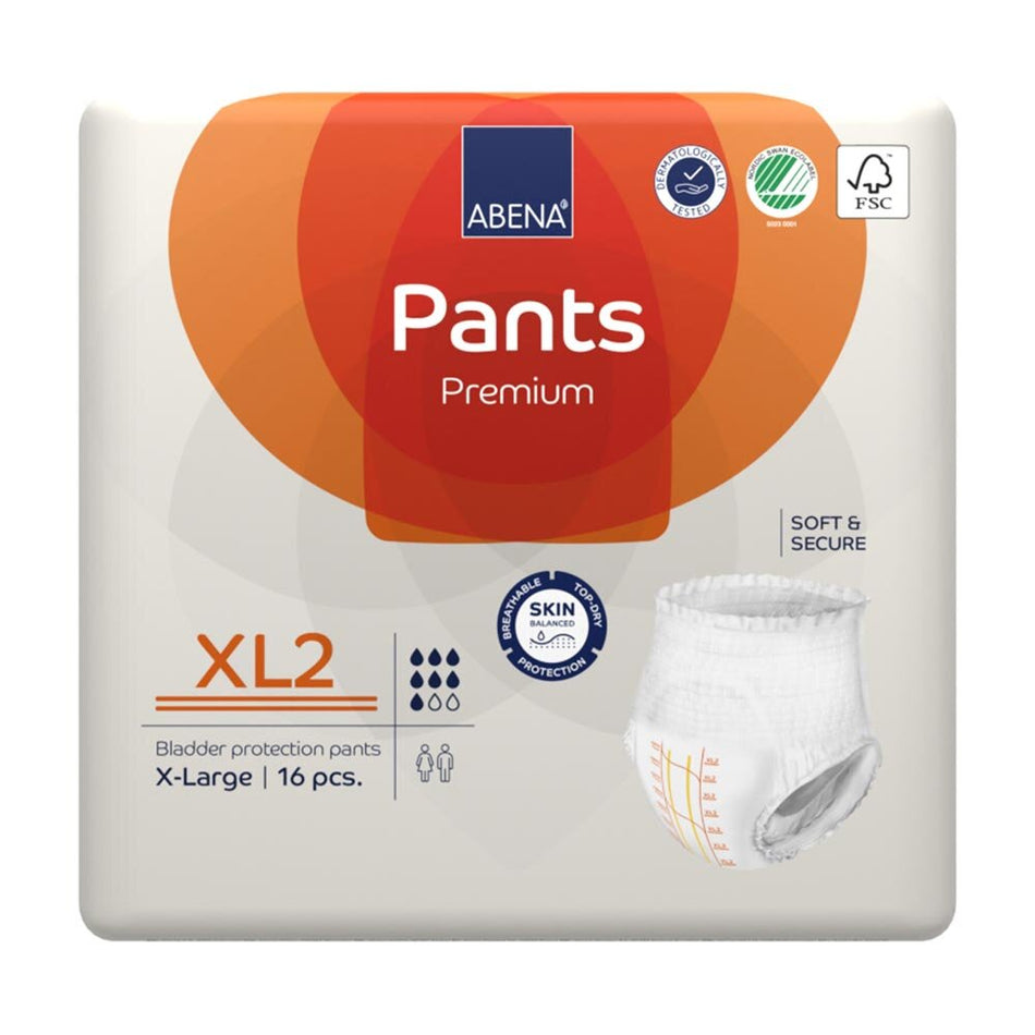 Das Bild zeigt eine Verpackung mit Abena Premium Pants in Größe XL2. Die Verpackung ist in hellen Farben gehalten, mit einem großen, auffälligen Aufdruck des Produktnamens „Abena Premium Pants“ sowie Hinweisen zur Größe („XL2“) und zur maximalen Saugfähigkeit. Die Vorderseite zeigt auch eine Abbildung der Hose selbst, die in einem praktischen, ansprechenden Design dargestellt ist. Im Hintergrund sind illustrative Elemente, die den Fokus auf Pflege und Diskretion legen.