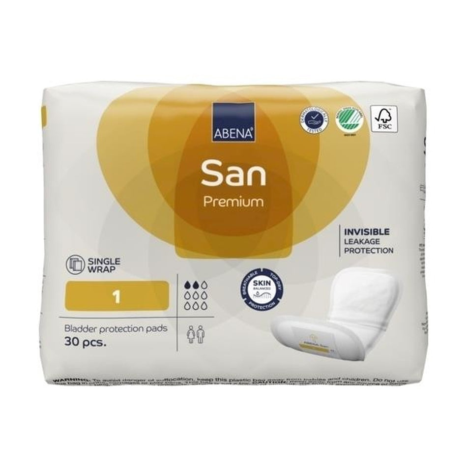 Ein Paket mit Abena San Premium Einlagen der Größe 1, auf einem hellen Hintergrund. Die Vorderseite des Pakets zeigt das Logo von Abena sowie den Schriftzug "San Premium Gr. 1" und Informationen zur Anzahl der Einlagen. Die Packung hat eine ansprechende, professionell gestaltete Verpackung in sanften Farben. Die Einlagen sind individuell verpackt und scheinen für die Inkontinenzversorgung konzipiert zu sein.