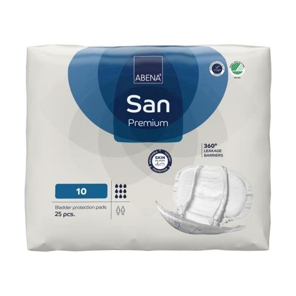 Alt-Text: Eine Packung Abena San Premium GR-10 Einlagen, präsentiert in einem weißen und blauen Design. Die Vorderseite zeigt das Produktlogo in der oberen linken Ecke und eine Abbildung der Einlagen in der Mitte, die eine anatomische Form andeutet. Darüber befindet sich ein klarer Hinweis auf die Größe "GR-10". Unten sind weitere Informationen zur Saugfähigkeit und Anwendung abgebildet. Der Hintergrund ist hell und schlicht, was den Fokus auf das Produkt lenkt.