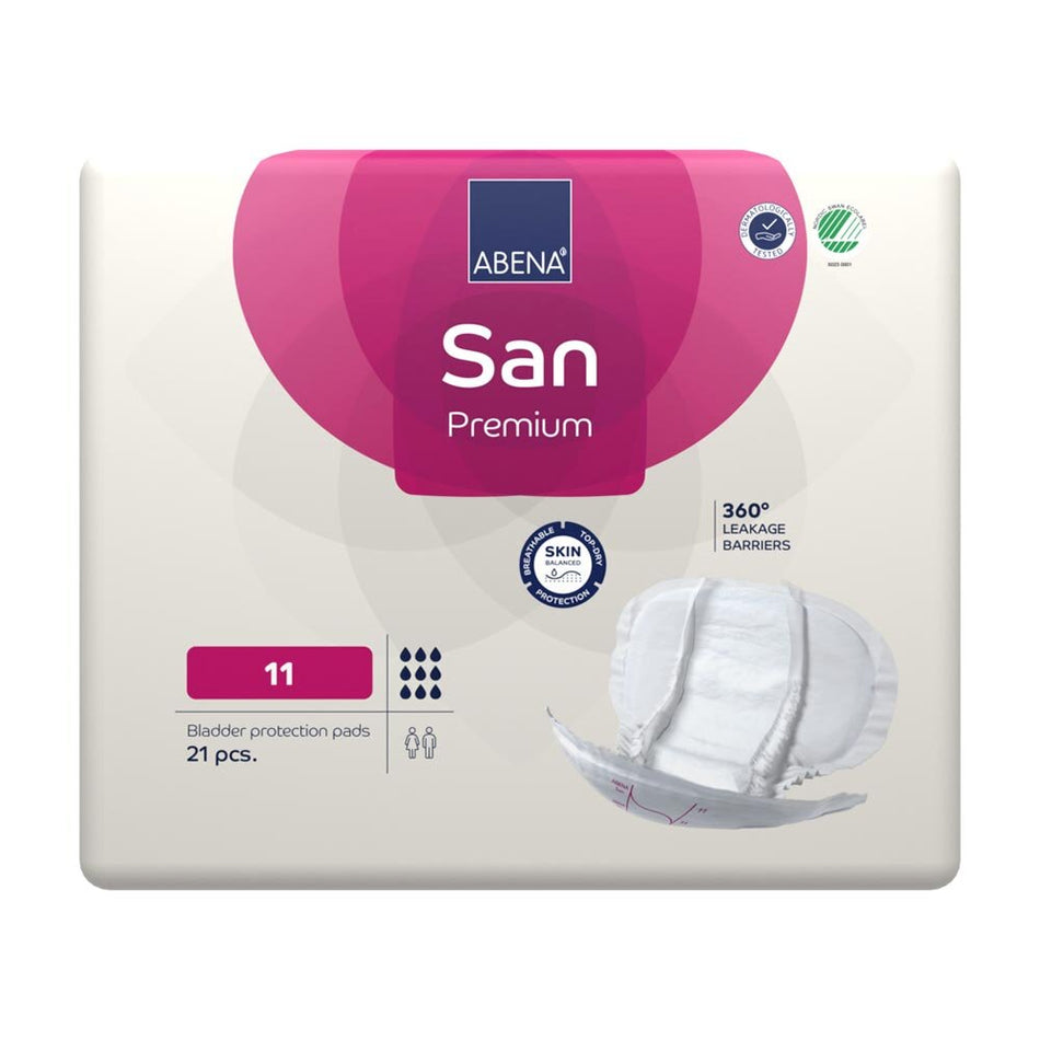 Abena San Premium GR 11 Einlagen sind in einem hellblauen Design mit einer transparenten Verpackung abgebildet. Die Einlagen sind mit einer feinen Struktur versehen, die für optimale Saugfähigkeit und Komfort sorgt. Im Vordergrund sind die Verpackungsdetails wie Größe und Saugstärke gut lesbar. Die Einlagen sind so gestaltet, dass sie eine hohe Diskretion bieten und sanft zur Haut sind.