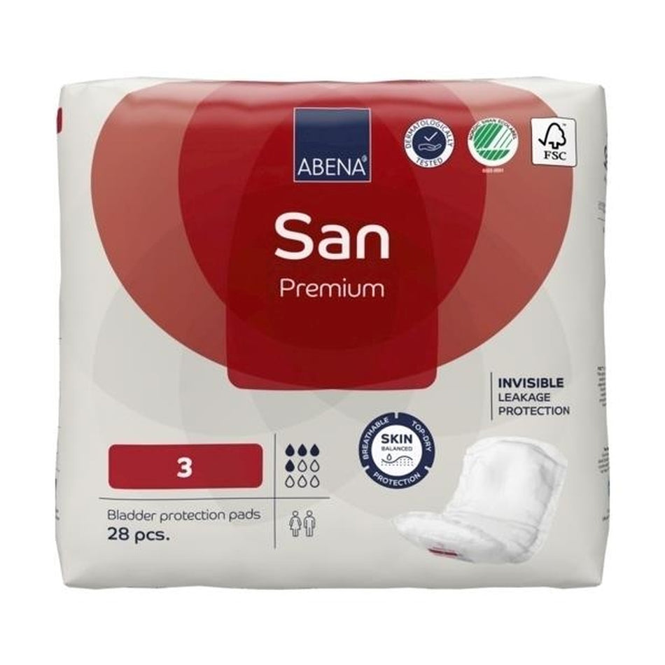 Das Produktbild zeigt eine Verpackung der Abena San Premium Gr. 3 Einlagen für Inkontinenz. Die Einlagen sind in einer ansprechenden, sanften Farbgestaltung verpackt, überwiegend in Weiß mit grünen und blauen Akzenten. Auf der Vorderseite der Verpackung sind die Produktbezeichnung und die Größenangabe deutlich abgebildet. Die Darstellung vermittelt eine klare Information über die Qualität und den Anwendungsbereich, wobei das Design Benutzerfreundlichkeit und Hygiene betont.