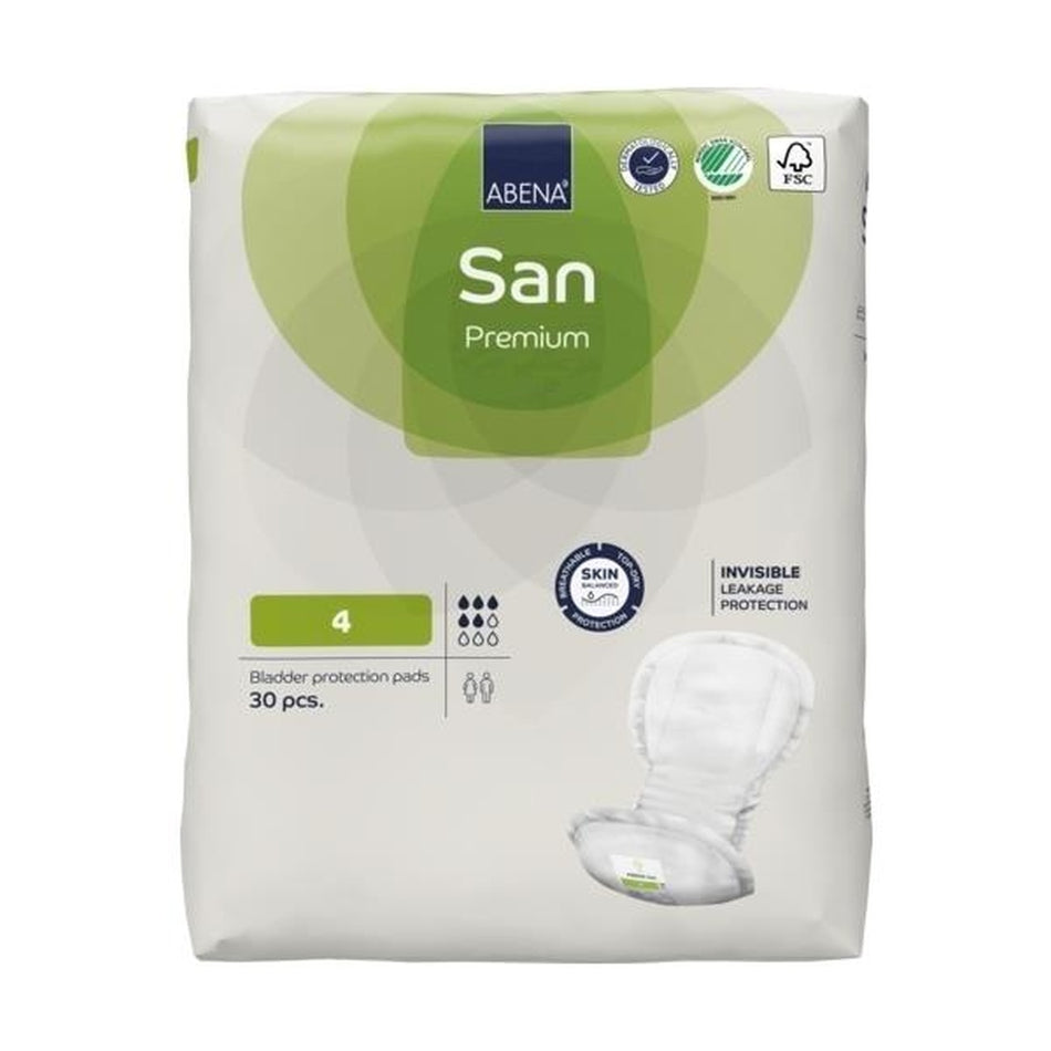 Abbildung eines Produkts: Abena San Premium Größe 4 Einlagen. Die Einlagen sind in einem weißen, kompakten Beutel verpackt, der mit einem klaren, farbenfrohen Design geschmückt ist. Auf der Vorderseite des Beutels sind der Markenname "Abena" sowie das Modell "San Premium" deutlich sichtbar. Die Größe "Gr. 4" wird ebenfalls hervorgehoben. Der Beutel ist aufrecht stehend, mit einem verschließbaren oberen Teil.