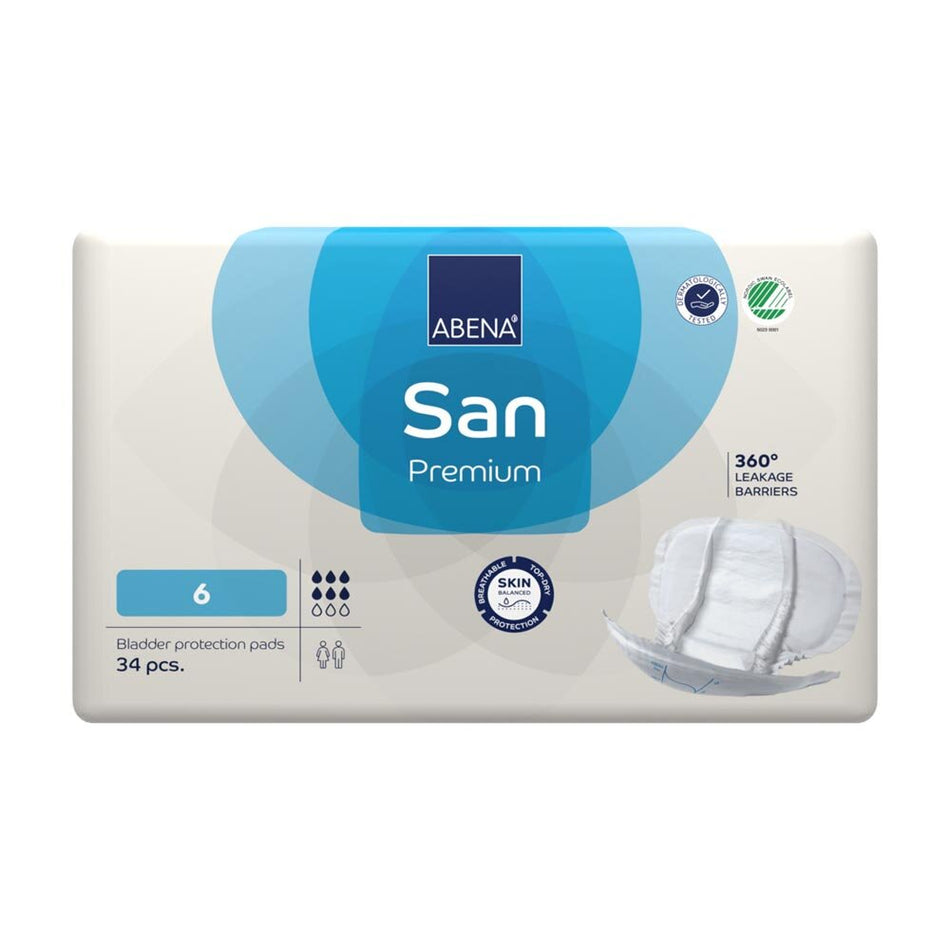 Produktbild einer Abena San Premium GR 6 Einlage. Die Einlage hat eine rechteckige Form, ist in der Farbe Weiß und besitzt eine strukturierte Oberfläche. Sie ist sanft und flexibel, designed für hohen Komfort und Schutz bei Inkontinenz. Die Ränder sind leicht erhoben und es sind dünne, durchgehende Linien sichtbar, die auf eine gute Saugfähigkeit hinweisen. Im Hintergrund ist ein heller, neutraler Farbton, der die Einlage hervorhebt.