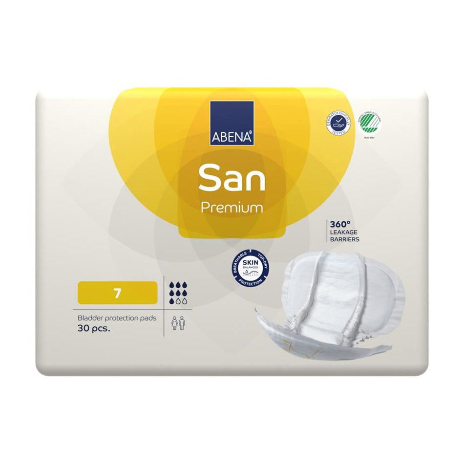 Absorbierende Einlagen von Abena, Modell San Premium, Größe 7. Die Einlagen sind in einer hellen, klaren Verpackung zu sehen, die das Produkt deutlich hervorhebt. Die Verpackung zeigt eine stilisierte Grafik, die die Saugfähigkeit und den Komfort der Einlagen betont. Der Artikel ist ideal für Personen mit Inkontinenz und bietet hohen Schutz und Diskretion. Die Einlagen selbst sind in einem weißen, weichen Material ausgeführt, das eine angenehme Hautverträglichkeit garantiert.
