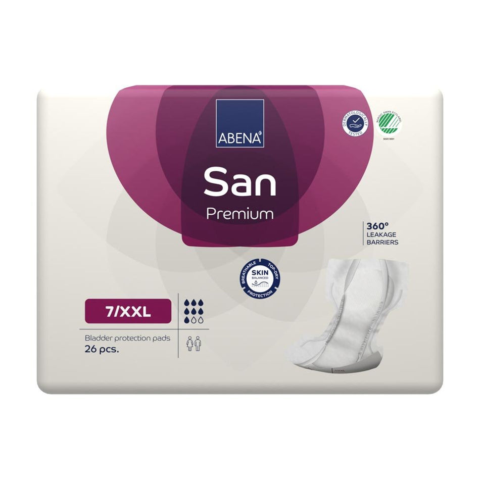 Abena San Premium Gr. 7 XXL Einlagen, in einer transparenten Verpackung präsentiert. Die Einlagen sind in einem leicht gebogenen Format, um optimalen Komfort zu bieten. Die Oberfläche ist weich und hautfreundlich, mit einer feinen Struktur, die für zusätzliche Atmungsaktivität sorgt. Die Verpackung zeigt das abgebildete Produkt, das für eine hohe Saugfähigkeit und zusätzlichen Schutz bei Inkontinenz entwickelt wurde.