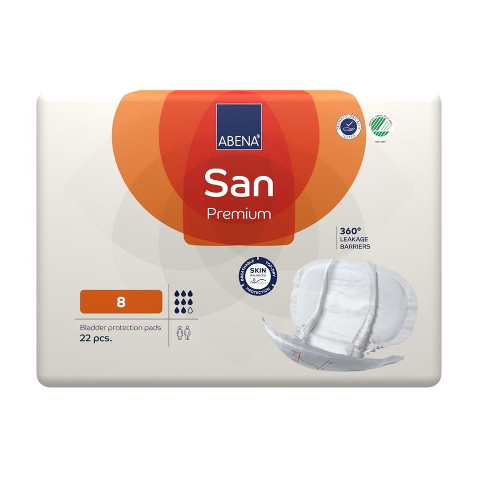 Weiße, flexible Abena San Premium Einlagen der Größe 8 sind auf einem neutralen Hintergrund platziert. Die Einlagen sind oval geformt, mit einem weichen, atmungsaktiven Außenmaterial. Ihre spezielle Struktur zeigt eine leicht erhöhte Mitte für zusätzlichen Komfort und eine hohe Saugfähigkeit. Oben ist die Einlage mit dem Markenlogo „Abena“ bedruckt. Der Fokus liegt auf der gesamten Einlage, die in einer offenen Position dargestellt ist, um die Form und das Design gut sichtbar zu machen.