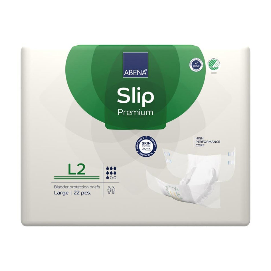Ein Paket mit Abena Slip Premium L2, das in einem modernen, ansprechenden Design erscheint. Die Vorderseite zeigt eine klare Abbildung der Produktverpackung, auf der ein stilisiertes Bild eines Erwachsenen zu sehen ist. Der Fokus liegt auf der Bezeichnung "Abena Slip Premium L2", die in einer auffälligen Schriftart hervorgehoben ist. Der Hintergrund ist hell und einladend, während die Verpackung in einem sauberen, professionellen Look präsentiert wird.