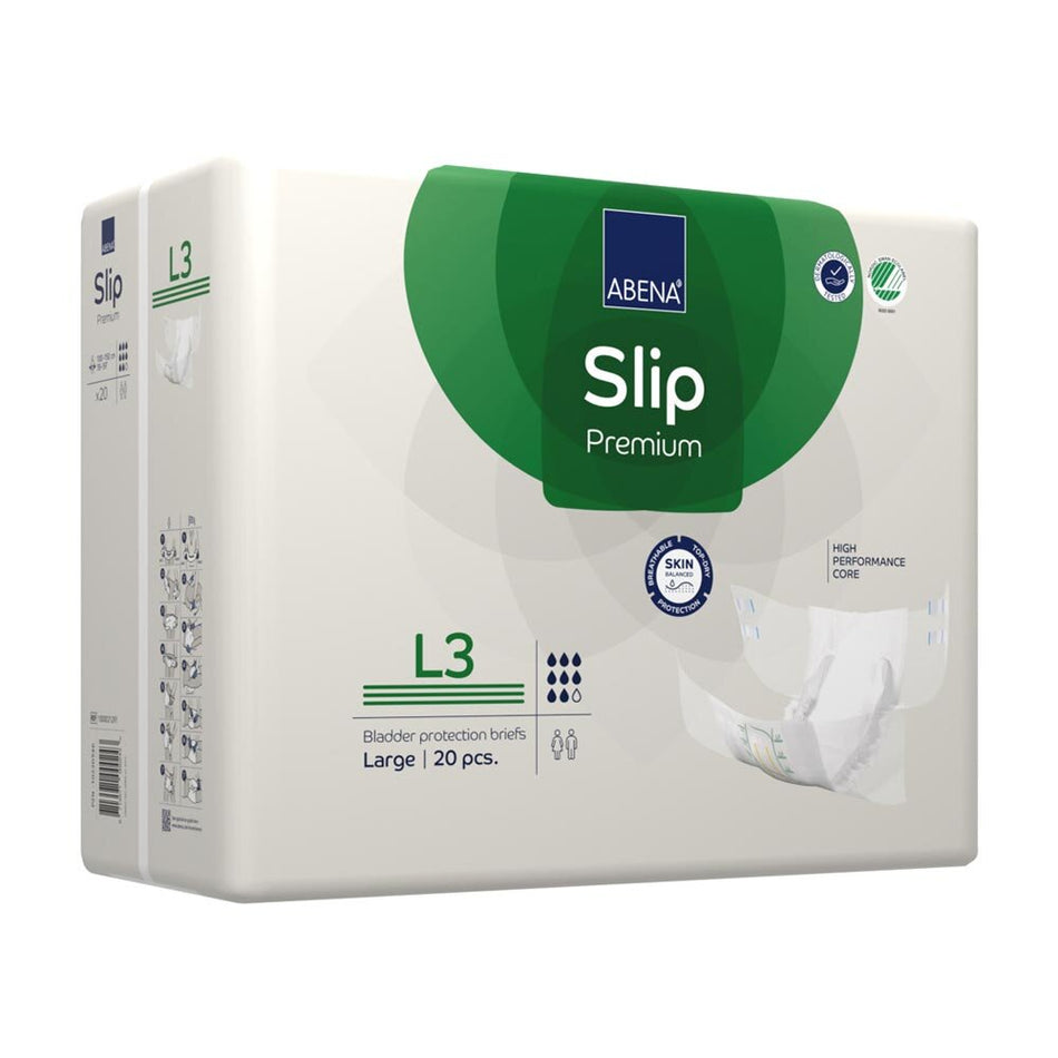 Weißer Inkontinenzslip Abena Slip Premium L3 in Größe M. Der Slip zeigt eine elastische, atmungsaktive Außenfolie, die für hohen Tragekomfort sorgt und Hautirritationen vorbeugt. Die Vorderseite ist mit einem leicht erkennbaren Abena-Logo versehen. Die seitlichen Klebestreifen sind für eine individuelle Anpassung konzipiert. Die Innenseite verfügt über saugfähige Schichten, die Flüssigkeit zuverlässig aufnehmen. Der Slip ist ideal für die Sicherheit und den Komfort bei leichter bis mäßiger Inkontinenz.