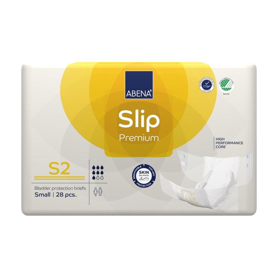 Das Bild zeigt eine Packung Abena Slip Premium S2 Windeln für Erwachsene. Die Windeln sind in einer blauen und weißen Verpackung mit dem Abena-Logo, großen Schriftzügen und Piktogrammen zur Größenangabe. Im Vordergrund ist die Windel selbst abgebildet, die eine spezielle, atmungsaktive Oberfläche sowie elastische Bündchen aufweist, die für optimalen Sitz und Komfort sorgen. Die Windeln sind für die Nutzung bei mittlerer bis schwerer Inkontinenz ausgelegt und bieten Schutz und Diskretion im Alltag.