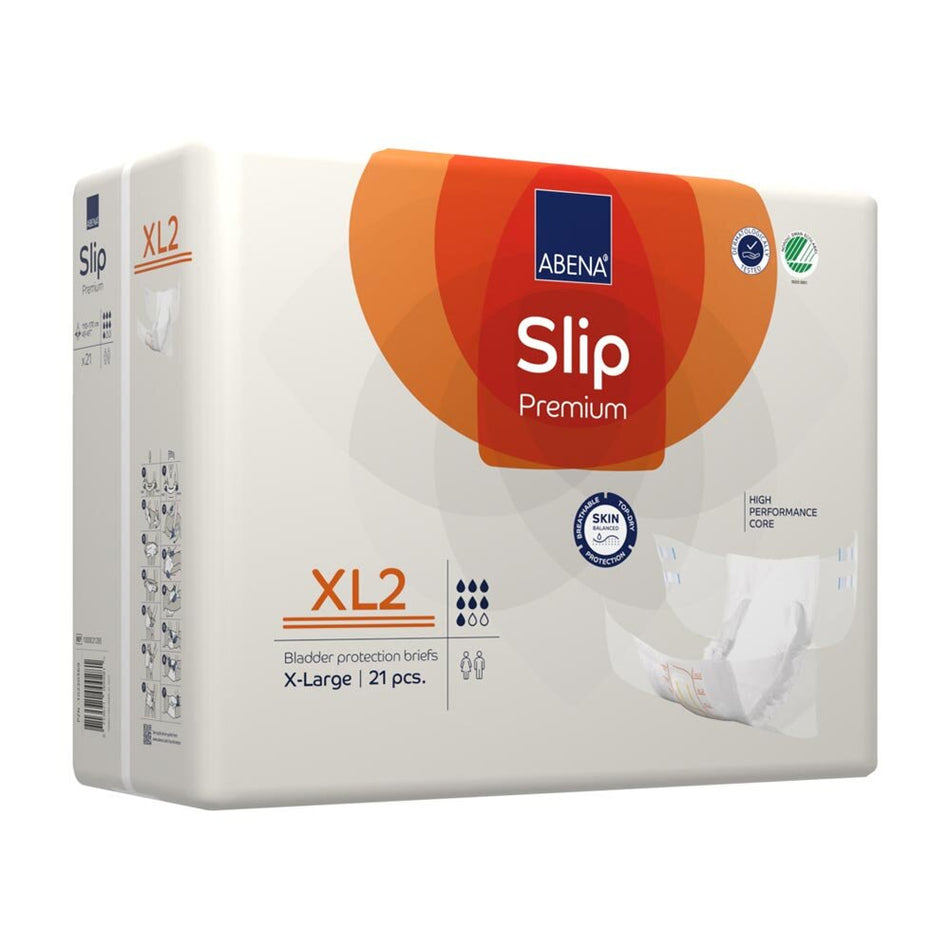 Alt-Text: Auf dem Bild ist eine Packung der Abena Slip Premium XL2 zu sehen, eine Inkontinenzlösung für Erwachsene. Die Packung hat ein modernes Design mit einem klaren, gut lesbaren Etikett, das Produktinformationen und die Größe XL2 anzeigt. Auf der Vorderseite sind visuelle Symbole abgebildet, die auf die Eigenschaften wie hohe Saugfähigkeit und Bequemlichkeit hinweisen. Der Hintergrund ist neutral, wodurch die Packung im Fokus steht, während lichteffekte den Eindruck von Frische vermitteln.