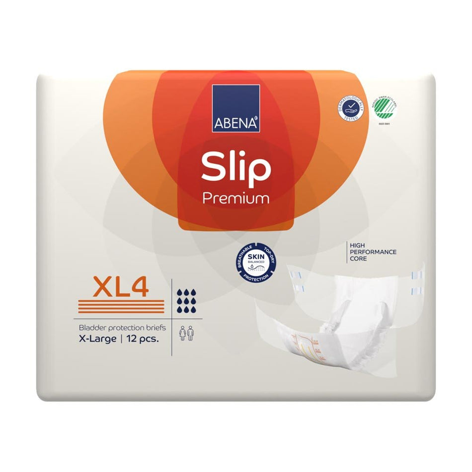Alt-Text: "Produktbild eines Abena Slip Premium XL4, ein bequemer, anatomisch geformter Inkontinenzslip für Erwachsene. Die oberste Materialschicht ist in einem sanften Weiß gehalten, während die Außenschicht in einem modernen, dezenten Design gestaltet ist. Der Slip weist elastische Bündchen an Taille und Beinen auf und verspricht eine sichere Passform. Abena-Logo ist sichtbar. Der Hintergrund ist neutral, um die Details des Produkts hervorzuheben.