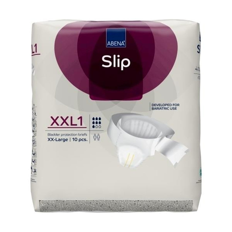Abena Slip Premium XXL - eine Packung mit adulten Einlagen für die Inkontinenzpflege. Die Vorderseite der Verpackung zeigt das Abena-Logo und den Produktnamen in deutlichen, leserlichen Schriftarten. Unter dem Namen sind Informationen zur Größe XXL und zur hohen Saugfähigkeit hervorgehoben. Die Verpackung ist in sanften Farben gehalten, die ein Gefühl von Komfort und Sicherheit vermitteln. Im Hintergrund sind Grafiken von einem stilisierten Schutzsymbol, das die Wirksamkeit des Produkts symbolisiert.