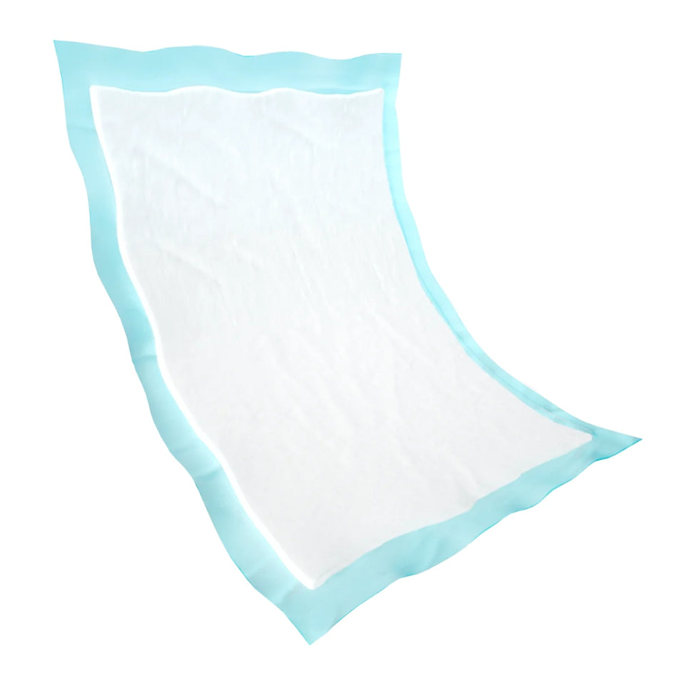 Eine Packung mit 100 Einwegunterlagen in der Größe 40x60 cm liegt auf einem weißen Hintergrund. Die Unterlagen sind in einer transparenten Folie verpackt, die leicht schimmert. Auf der Vorderseite der Verpackung ist ein klarer Aufdruck mit dem Produktnamen "Abri-Soft Basic" sowie der Aufschrift "Einwegunterlage". In der oberen Ecke befindet sich ein kleines Symbol, das darauf hinweist, dass die Unterlagen besonders weich sind.