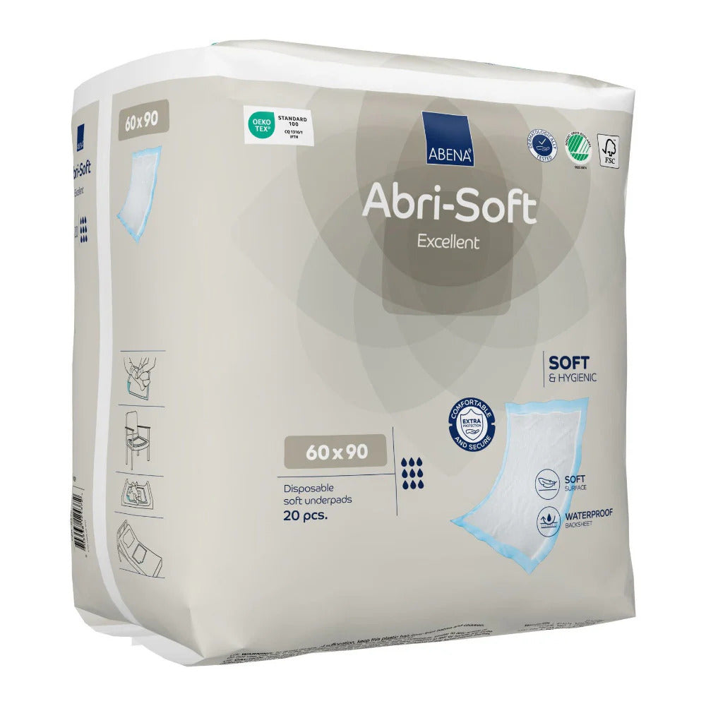 ABENA Abri-Soft Excellent Einmalunterlagen 60 x 90 cm, Verpackung mit 20 Stück in Schrägansicht